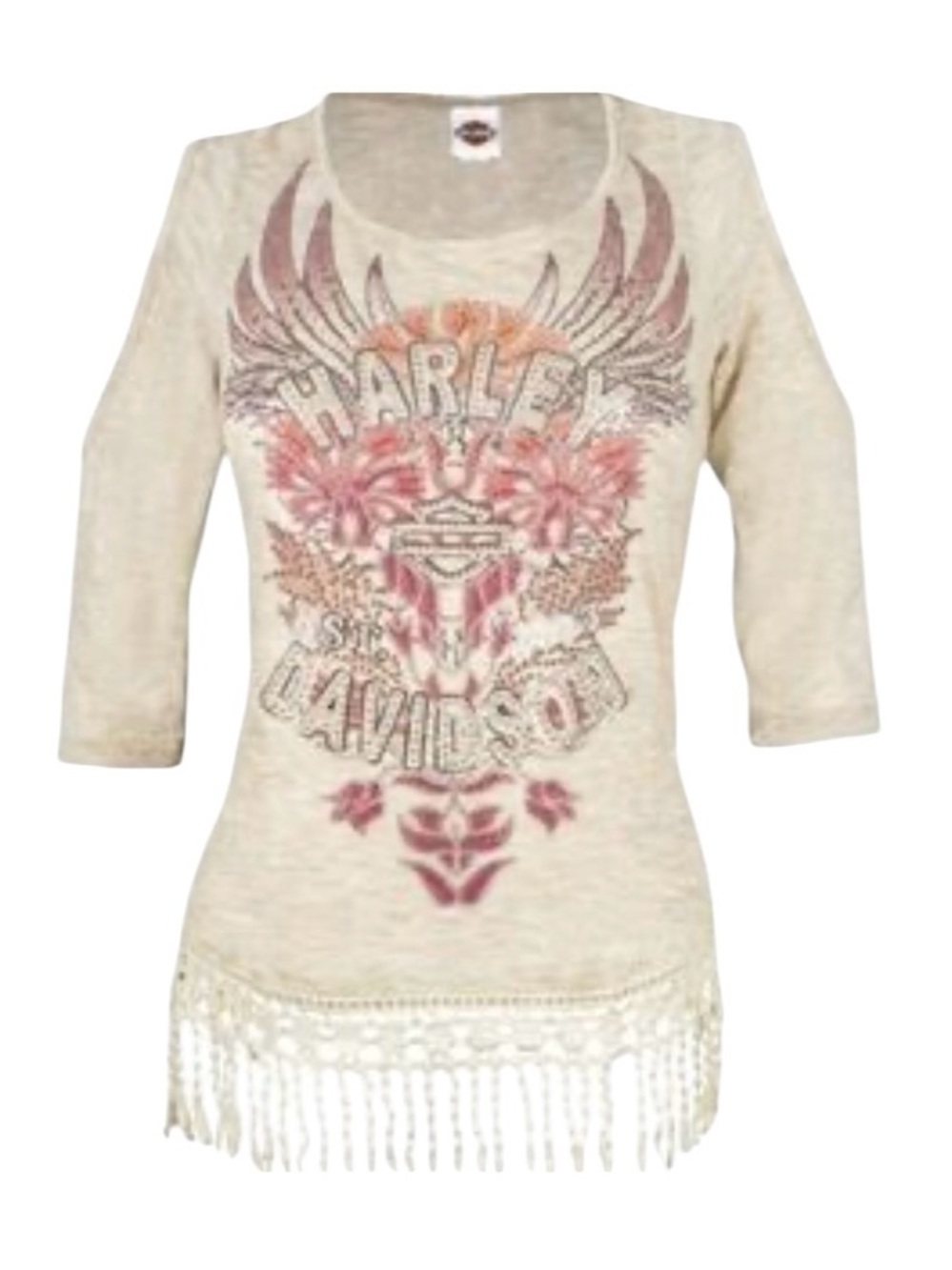 Harley-Davidson Cream Top with Pink Floral Emblem and Fringe cold shoulder med